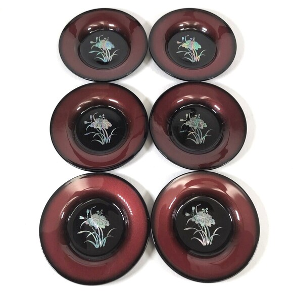 Set of 6 COASTERS Mother of Pearl Lacquer Ware FREESIA FLOWERS Shin Do Boxed NEW - Picture 1 of 8